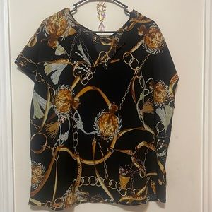 Plus Chain Print Notched Neckline Batwing Sleeve Blouse
